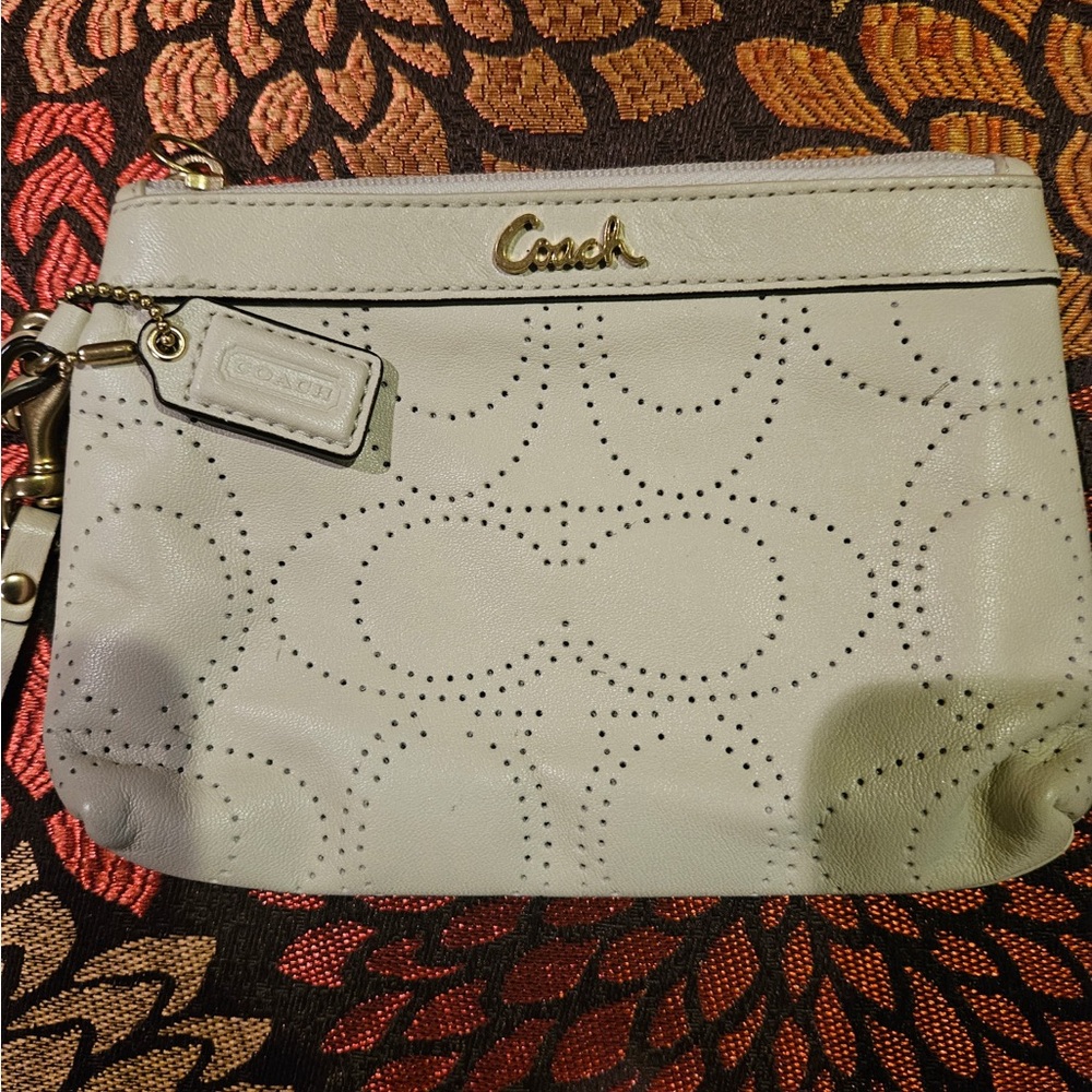 Coach Cream Brooke Perforated Leather Wristlet with Gold Logo